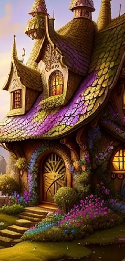 A magical fairy tale cottage surrounded by vibrant scenery and a colorful dragon in the sky.