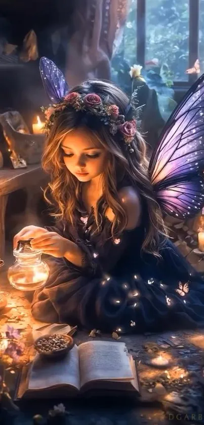 A young fairy with wings among glowing candles and books.