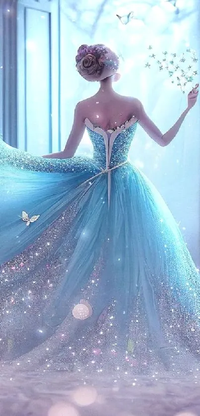 A magical blue dress with butterflies in an ethereal, fairy tale scene.