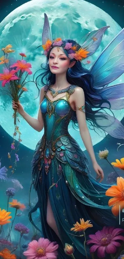 Illustrated fairy with wings under a moonlit sky surrounded by vibrant flowers.