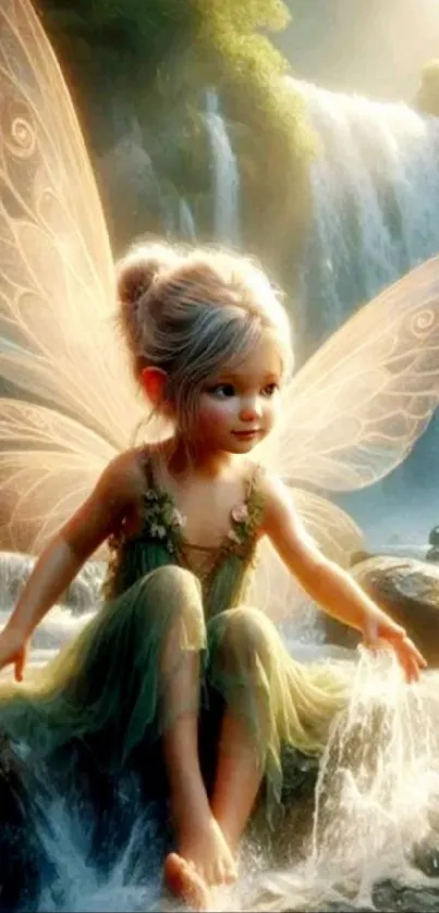 Fairy sitting by a waterfall in nature.