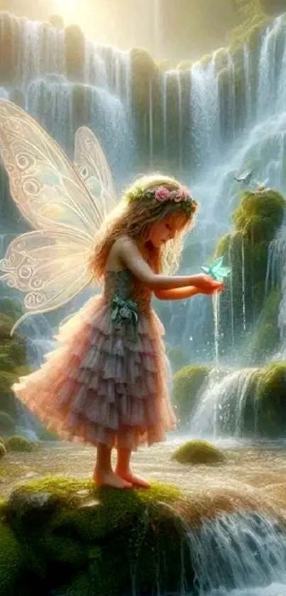 Fairy with glowing wings near a waterfall