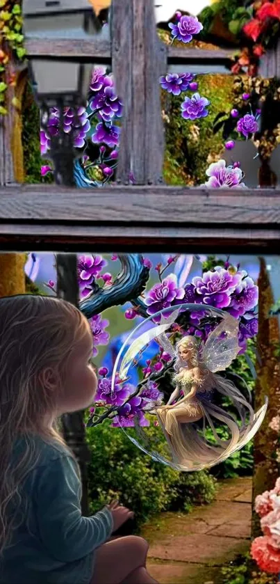 Child gazes through window at an enchanting fairy in a violet flower garden.