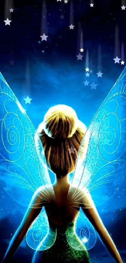 Ethereal fairy with glowing wings under a starry blue night sky.