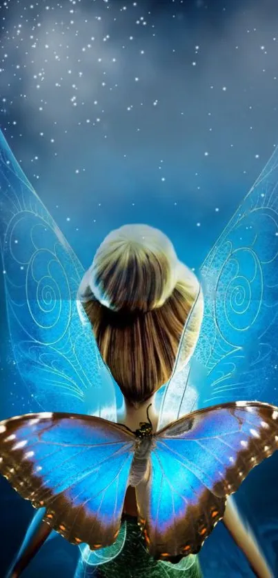 Fairy with blue wings under a starry sky.