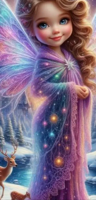 Fairy in a winter wonderland with magical lights.