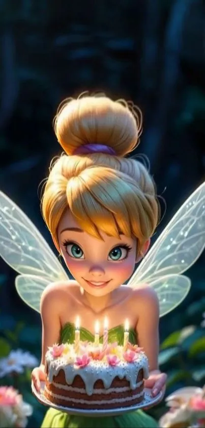 Fairy with a cake in a magical forest setting.