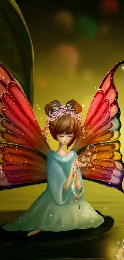 Serene fairy with colorful wings in a mystical setting, perfect for mobile wallpaper.