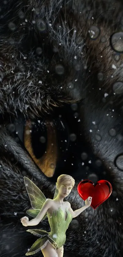 Fairy holding heart in front of a wolf eye with snowflakes.