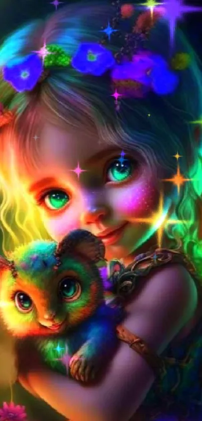 Magical fairy with glowing wings and a colorful creature in a vibrant fantasy scene.