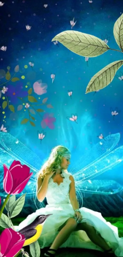 Enchanted fairy with wings in a colorful fantasy scene.