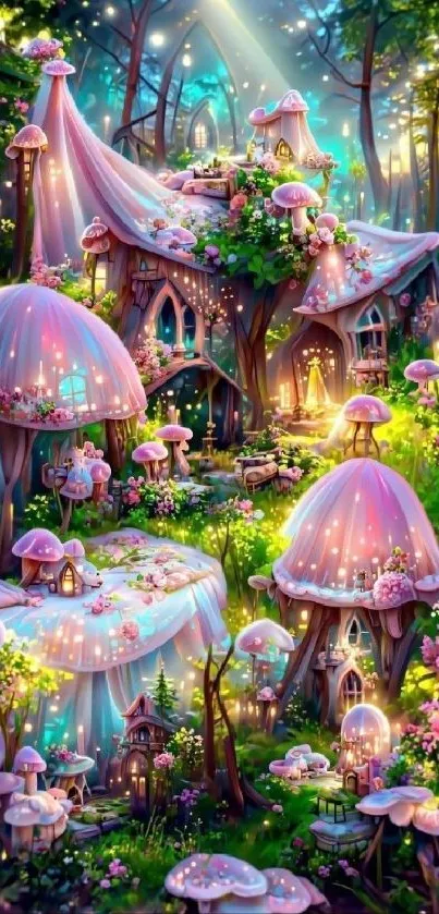 Whimsical fairy village at dusk with glowing mushrooms and vibrant hues.