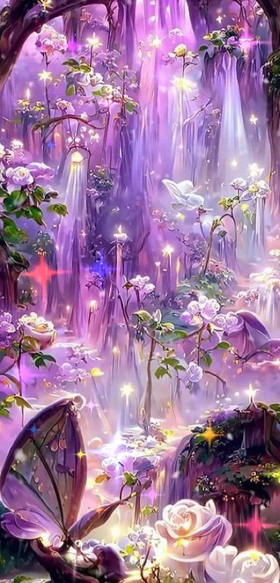 Magical fairyland scene with flowers and waterfall.