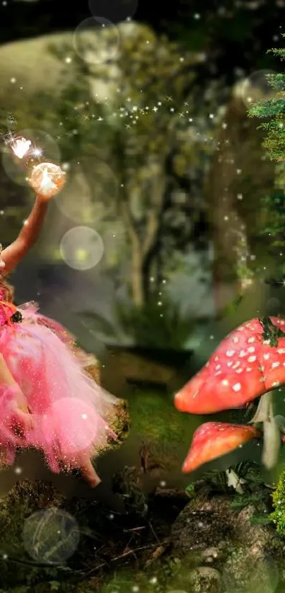 Joyful fairy child in fantasy forest with glowing elements and toadstools.