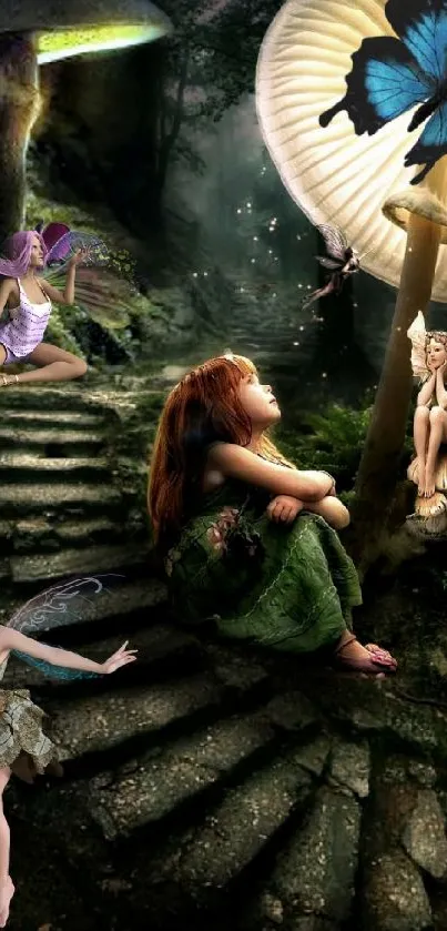 Fantasy forest scene with fairies and glowing mushrooms.