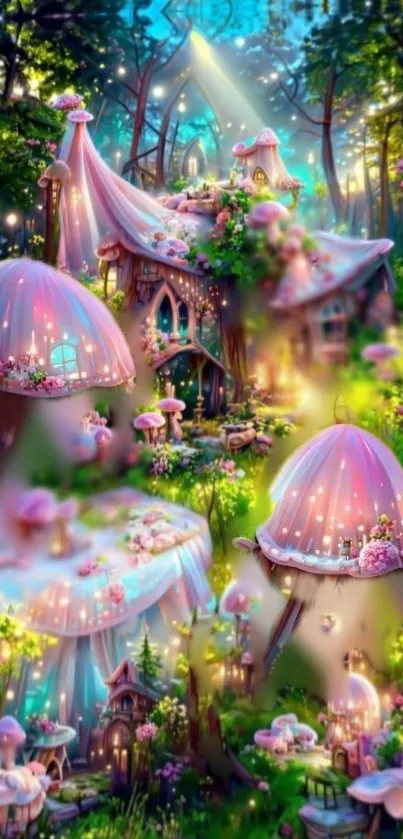 Magical fairy cottage with pink hues and mystical forest setting.