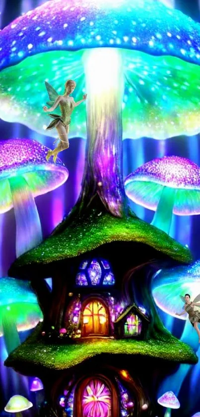 Fantasy forest with colorful mushrooms and fairies.