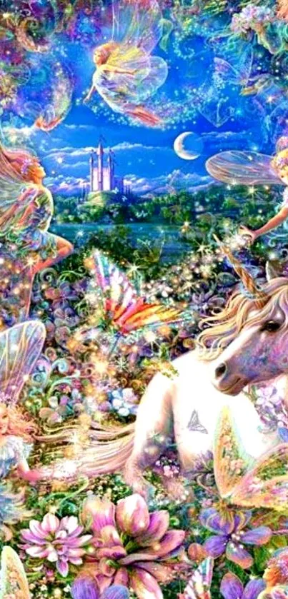 Vibrant fantasy wallpaper featuring a unicorn, fairies, and a magical castle.