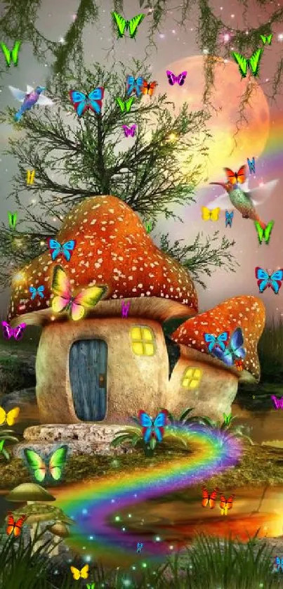 Fairyland wallpaper with mushrooms and rainbow under a moon.