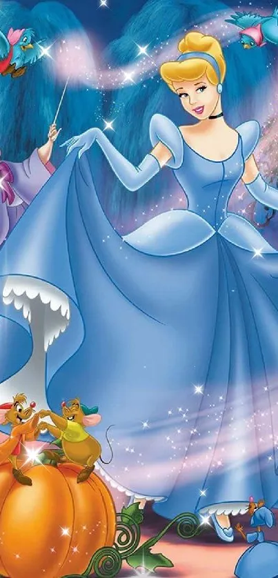 Magical scene with princess in blue gown and enchanting elements.