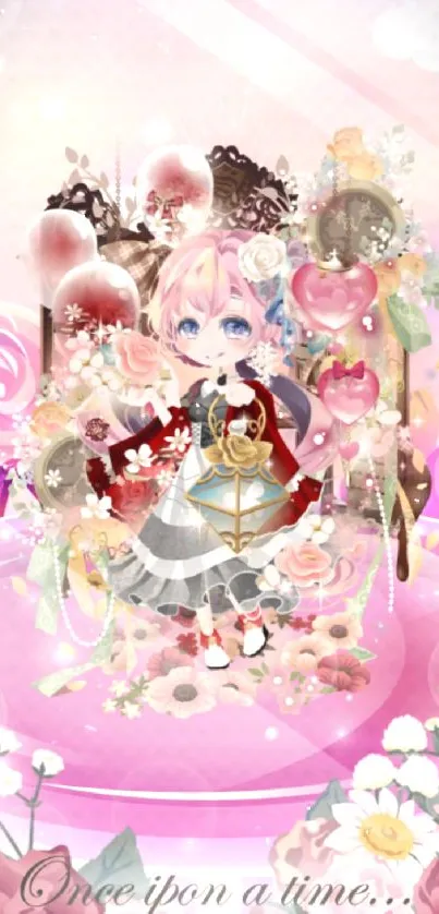 Cute anime character in a fantasy world with pink floral and magical elements.