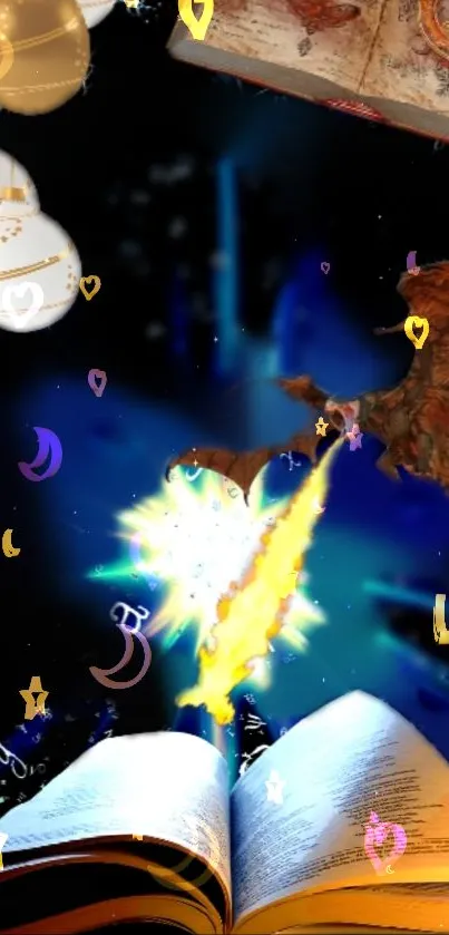 Fantasy wallpaper with magic book and dragon under starry sky.