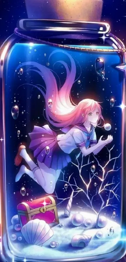 Fantasy anime girl in a magical bottle surrounded by cosmic elements.