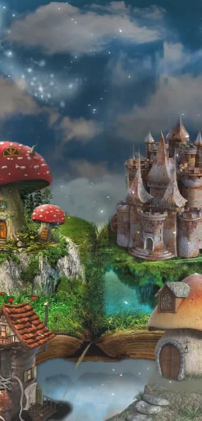 Fantasy castle and whimsical houses under a starlit sky.