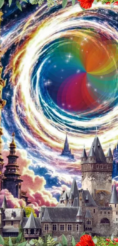 Fantasy castle under a mystical vibrant vortex with colorful swirls.