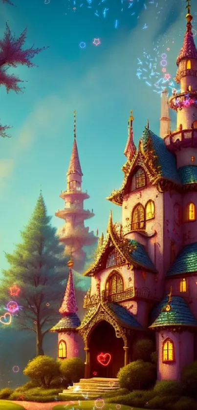 Whimsical fantasy castle under blue sky.