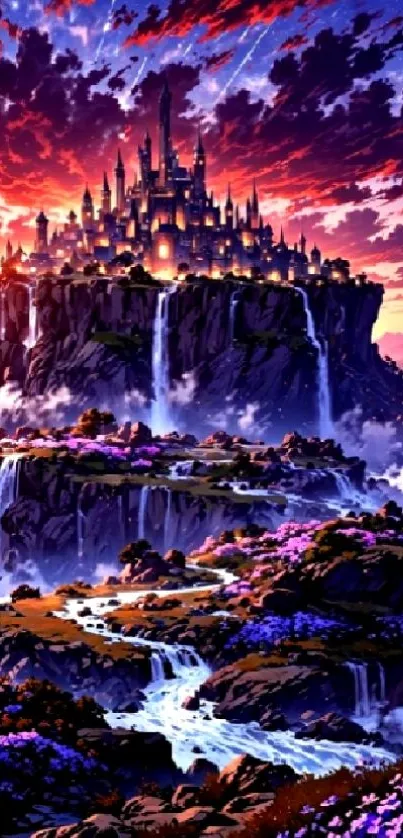 Vibrant fantasy castle on cliff at sunset with waterfalls.