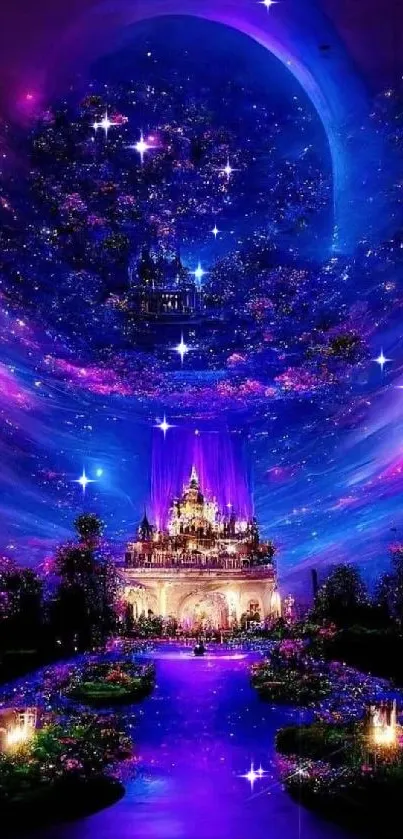 Magical fantasy castle with purple and blue hues, creating a dreamy, mystical atmosphere.