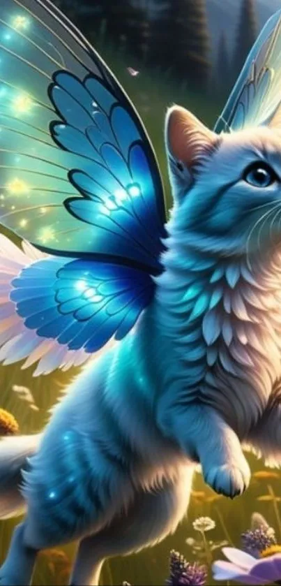 Fantasy cat with fairy wings in a meadow.