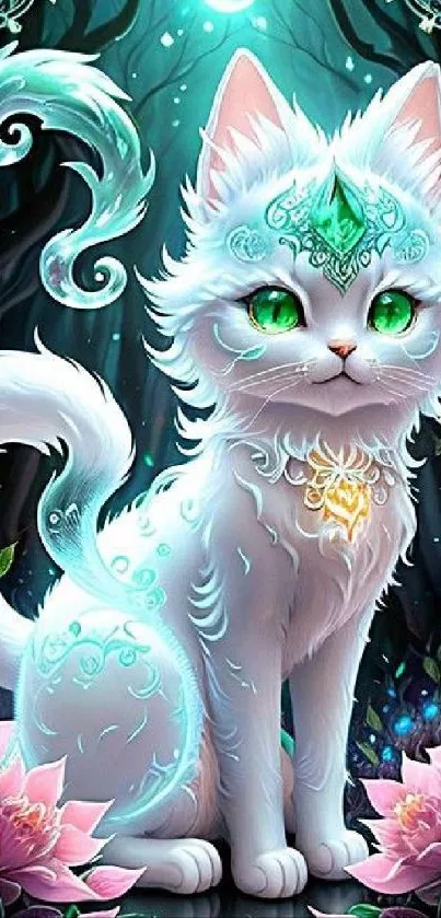 Mystical white cat with green eyes in an enchanted forest setting.