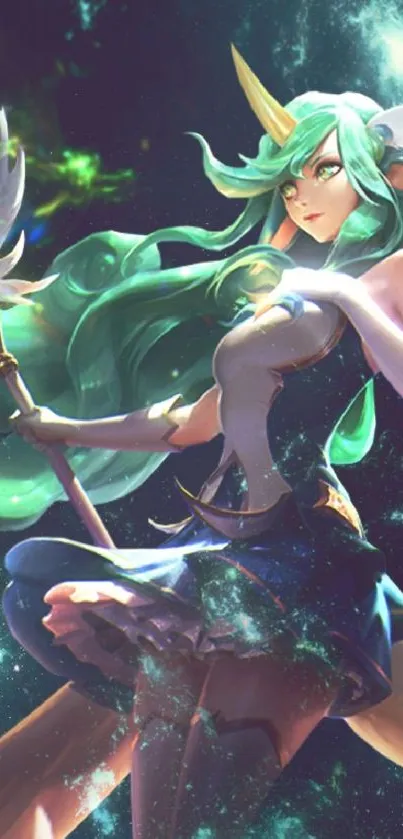 Magical fantasy character with green hair in a cosmic setting.