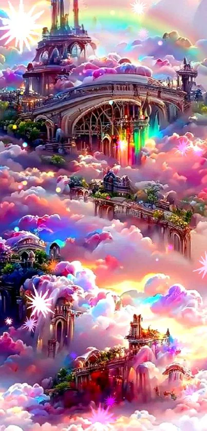 Magical fantasy city among colorful clouds with dreamy architecture.