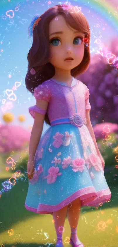 Fantasy doll in pink and blue dress with colorful magical background.