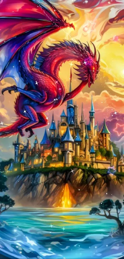 Vibrant dragon flying over a magical castle with a bright sky backdrop.