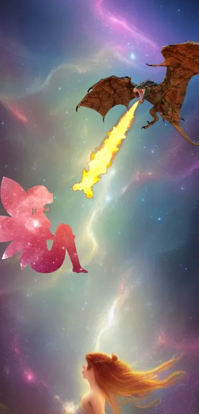 Fantasy dragon and fairy in cosmic scene mobile wallpaper.