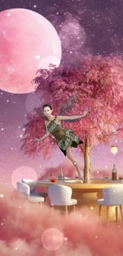 Fantasy fairy with pink moon and mystical tree.