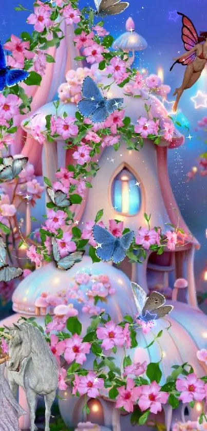 Enchanting fantasy wallpaper with castles, flowers, and magical creatures.