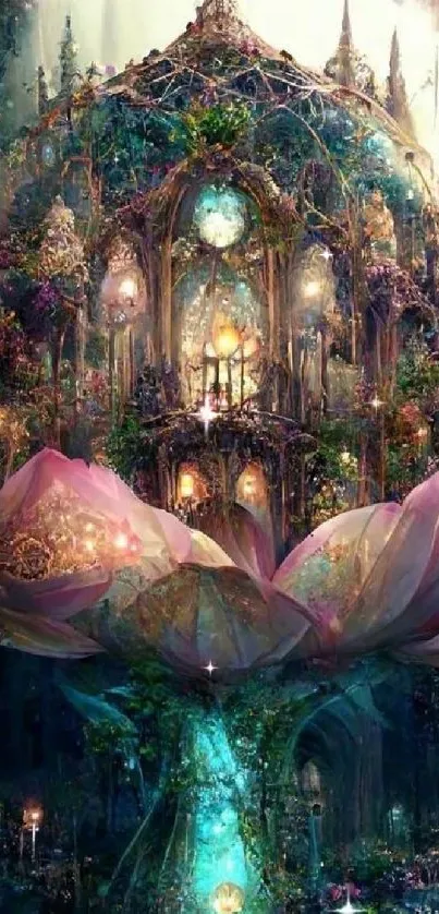 Fantasy flower castle wallpaper with magical nature elements.