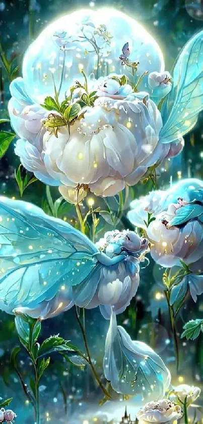 Mystical glowing flowers with fairy wings in a magical fantasy setting.