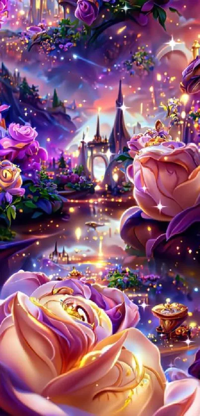 Magical fantasy garden with purple roses and golden accents.