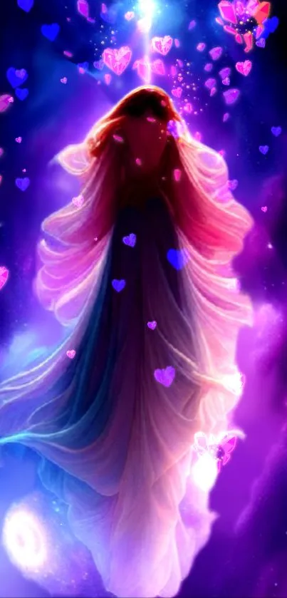 Fantasy figure with hearts in a purple glow.