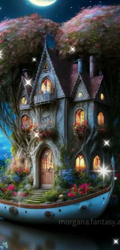 Whimsical house in a tree boat under a moonlit sky.