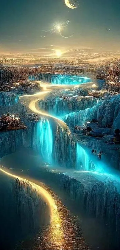 Magical fantasy landscape with glowing waterfalls and a crescent moon.