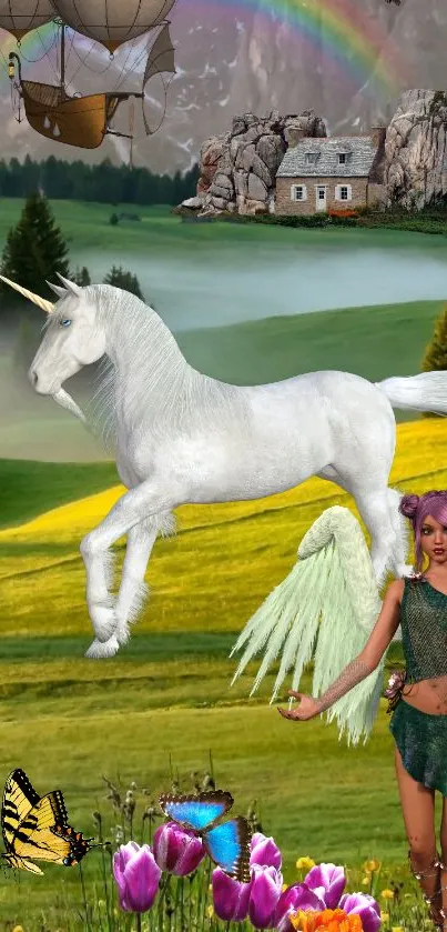 Fantasy landscape with unicorn and fairy in vibrant green setting.