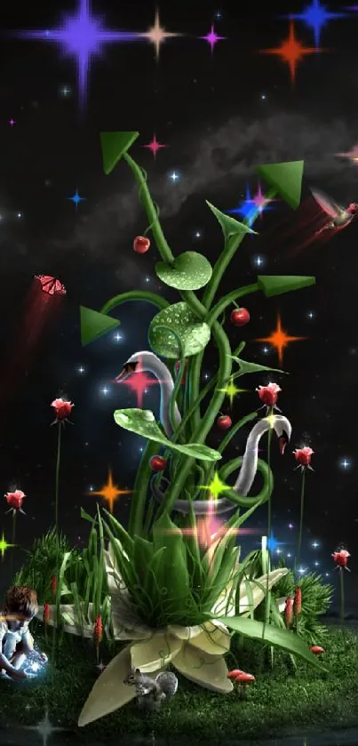 Fantasy wallpaper with green plants and magical lighting.