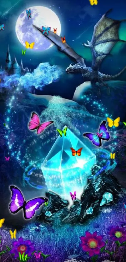 Magical scene with dragon, glowing crystal, and butterflies.